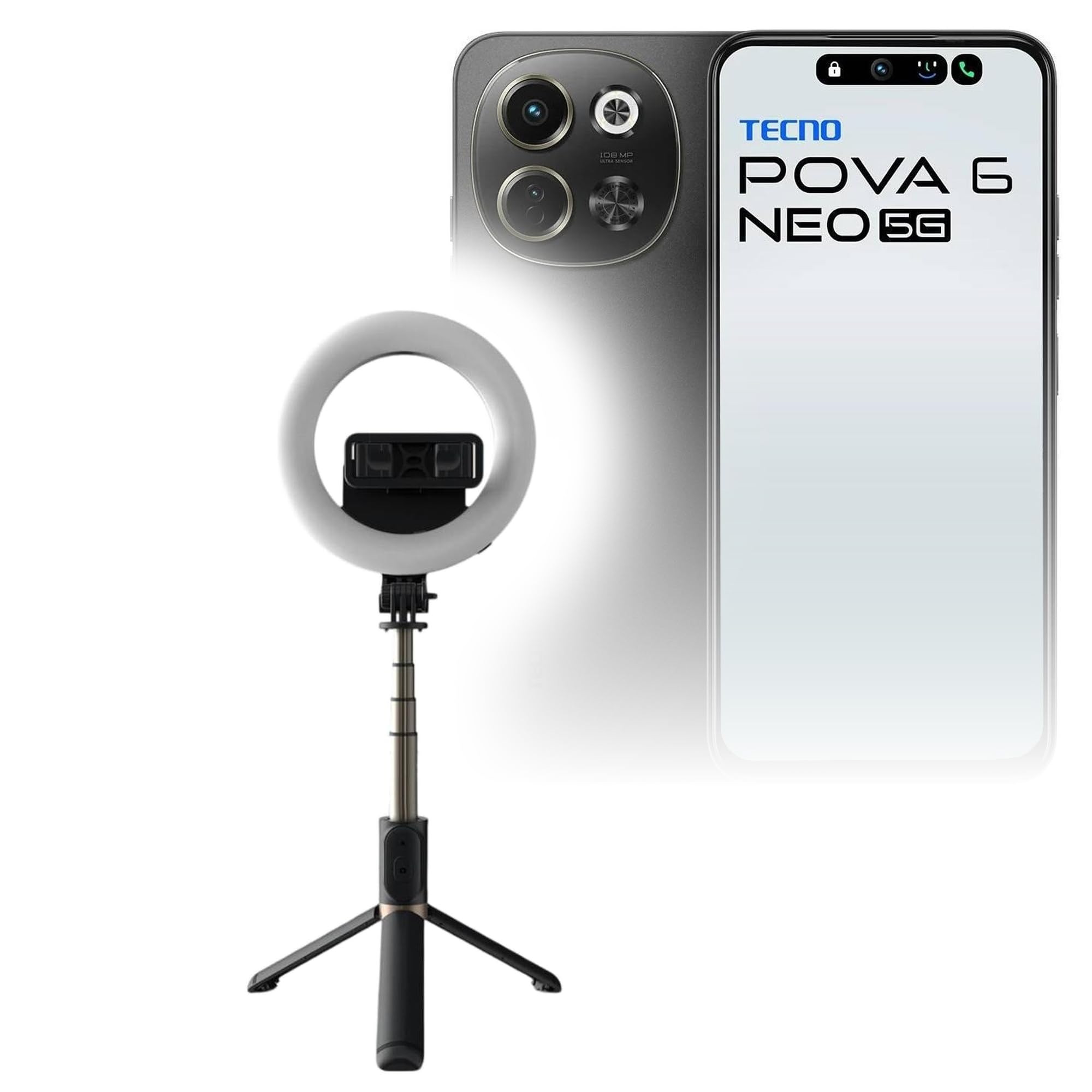 BoxWave Stand and Mount Compatible with Tecno Pova 6 Neo 5G - RingLight SelfiePod, Selfie Stick Extendable Arm with Ring Light - Jet Black-picture-28