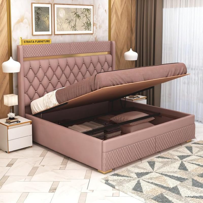 STRATA FURNITURE Solid Wood Queen Size Bed with Hydraulic Box Storage and Upholstery Tufted Headboard | Wooden Double Bed Cot Palang Furniture for Bedroom, Hotel, Living Room, and Home (Onion Pink)