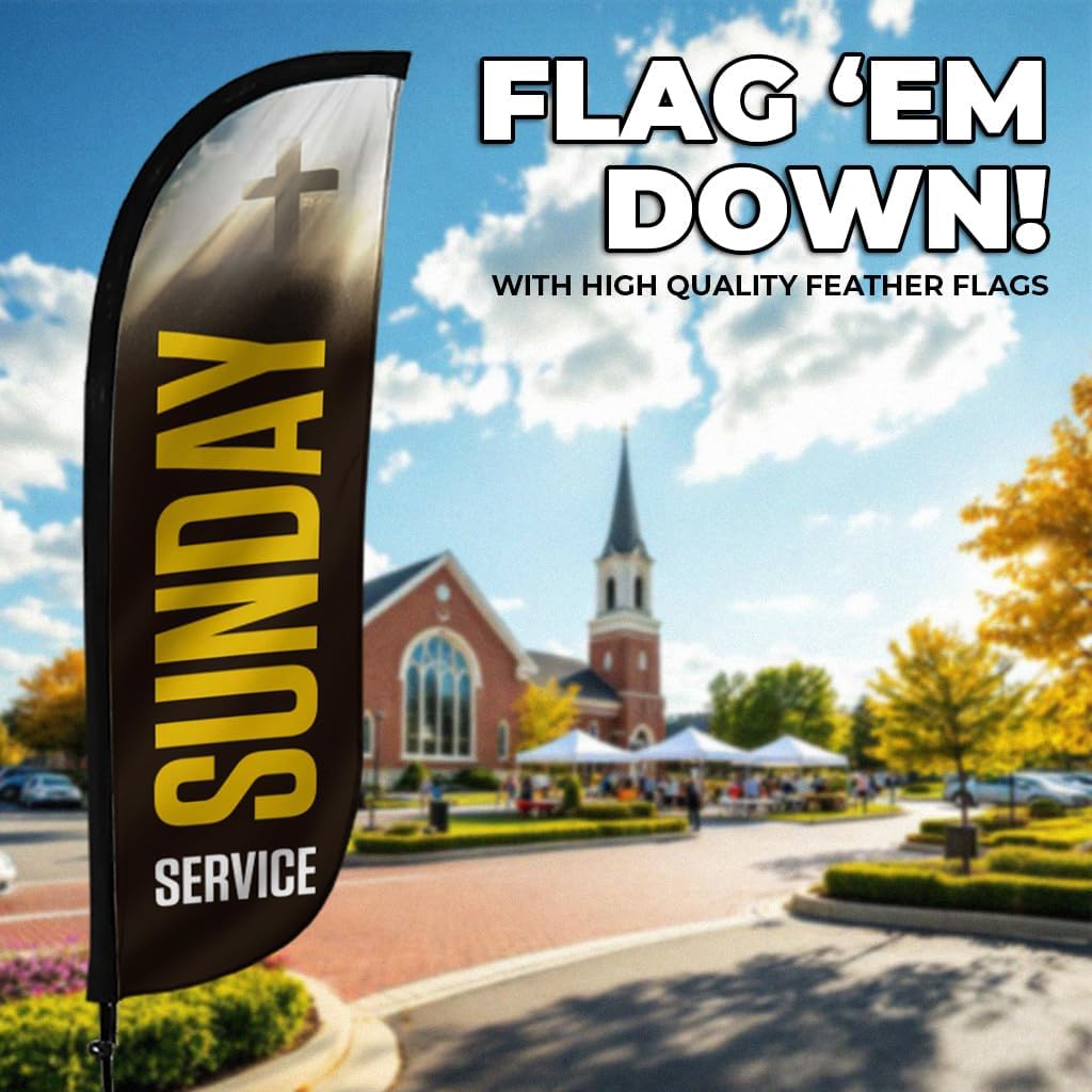 LookOurWay Feather Flag Pole Kit - 7 Feet Tall Advertising Banner with Fiberglass Pole Set and Ground Spike for Business Promotion - Church Flags - Sunday Service - Image 2