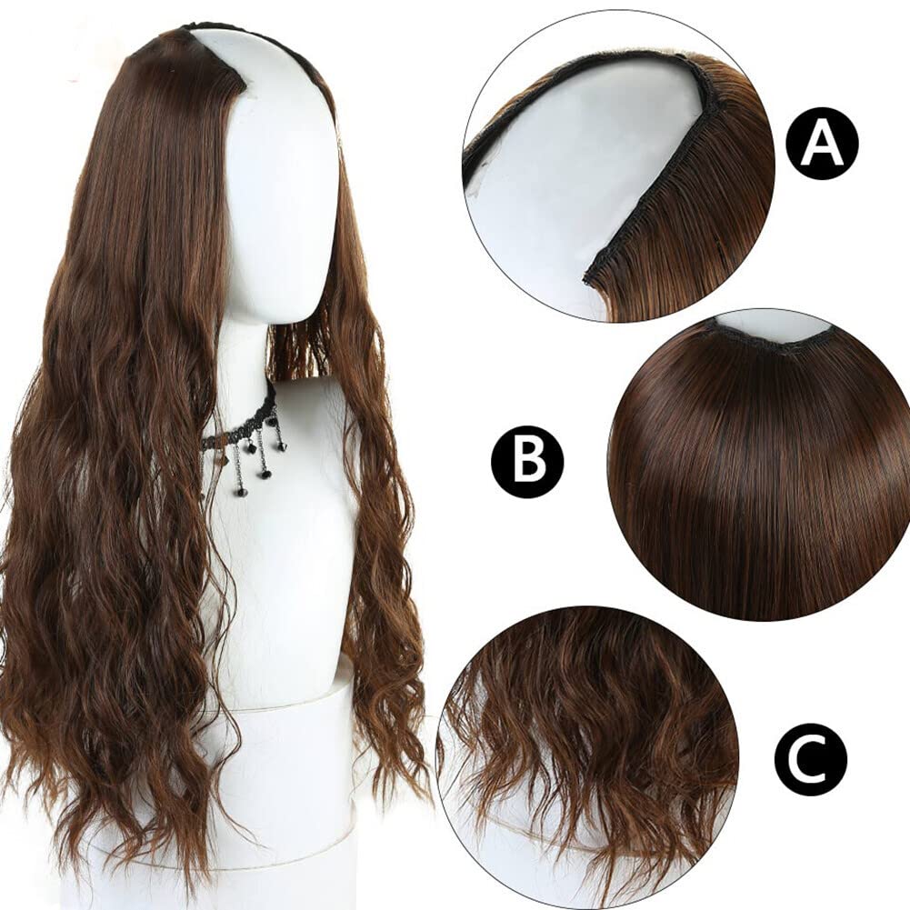 Synthetic Long Straight/Wavy Curly U-Shaped Half Wig for Women Natural Brown Black Wigs Fake Hair Extensions(dark brown-1)