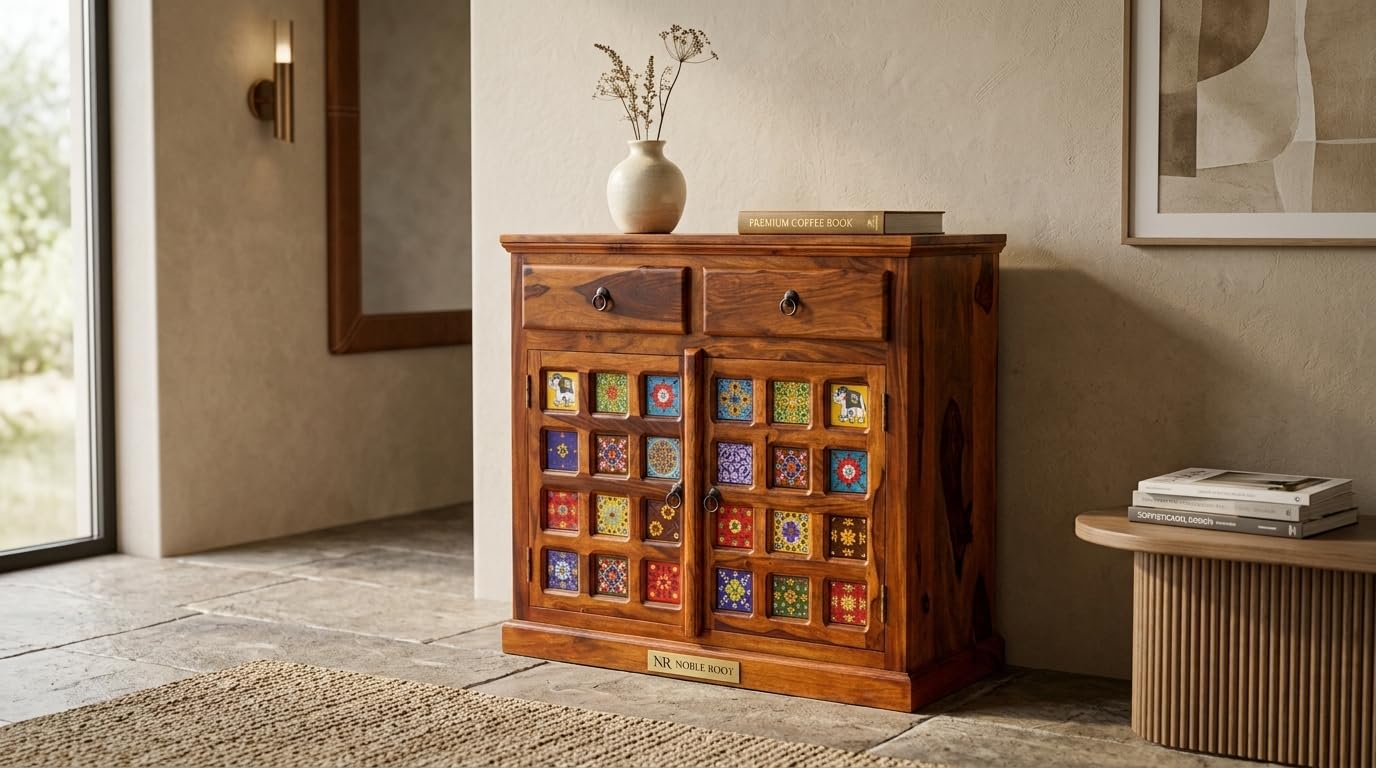 NR Nobel Root Solid Sheesham Wood Sideboard Cabinet | Tile Design Wooden Storage Cabinet with 2 Doors, 2 Drawers & 2 Shelves | Buffet Cabinet for Living Room | 35 x 17 x 33 Inch-image-45