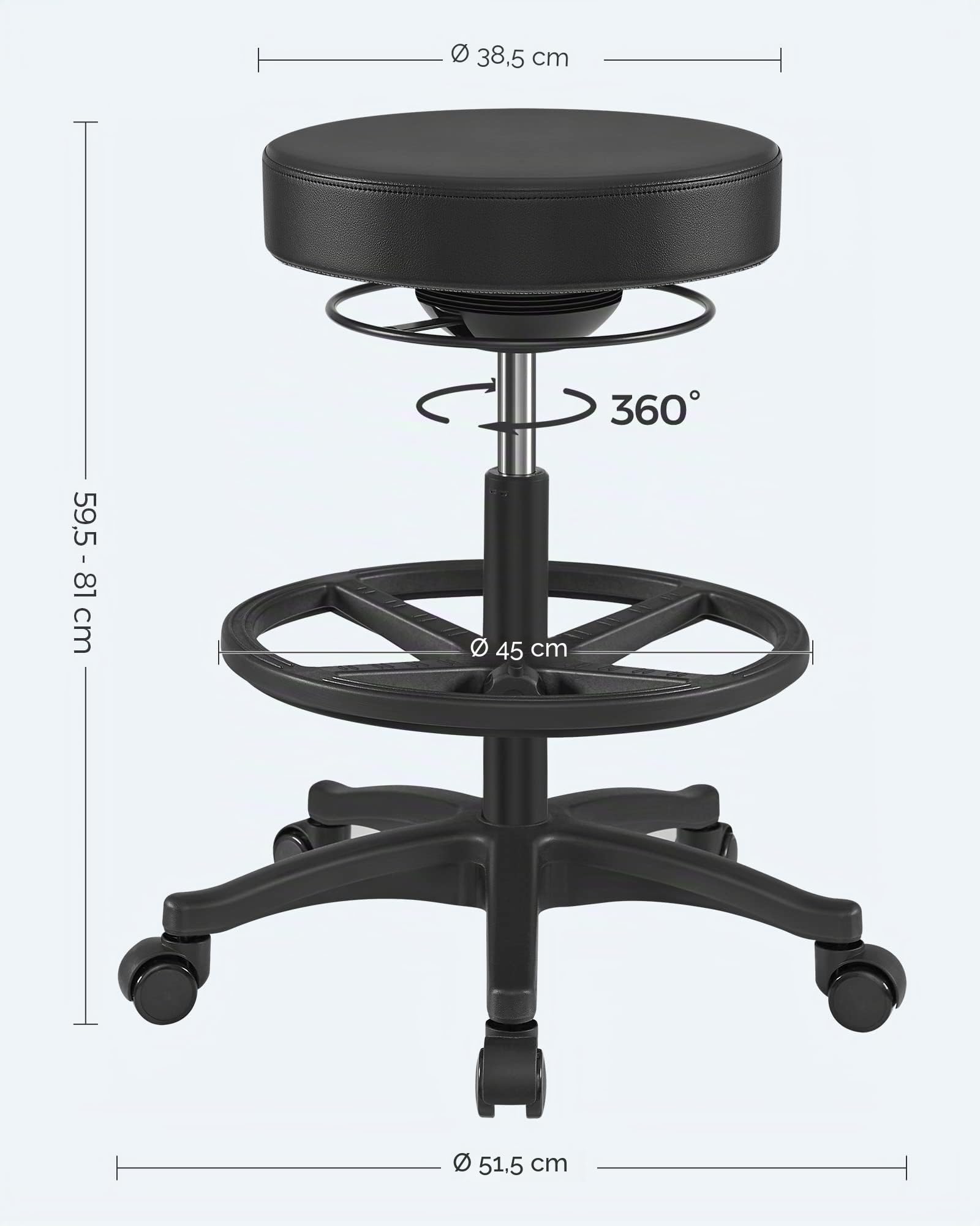 SONGMICS Arbeitshocker, hoher Sitz, ergonomischer Dynastischer Hocker, Stehstuhl, drehbar und verstellbar, 59,5 – 81 cm, mit Verstellbarer runder Fußstütze, Schwarz OSC007B01