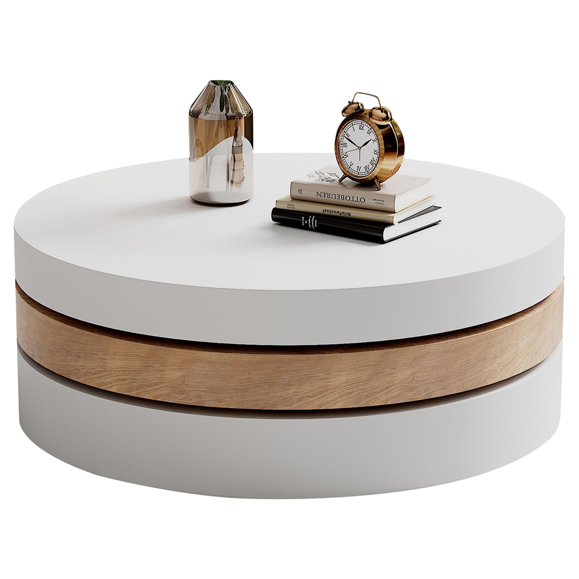 SUKY Mesa de centro cilíndrica, mesa superior giratoria 360°, mesa de salón, mesa de sofá de tres niveles, 3 estantes, capacidad de carga 30 kg, madera de sauce con espacio de almacenamiento, color