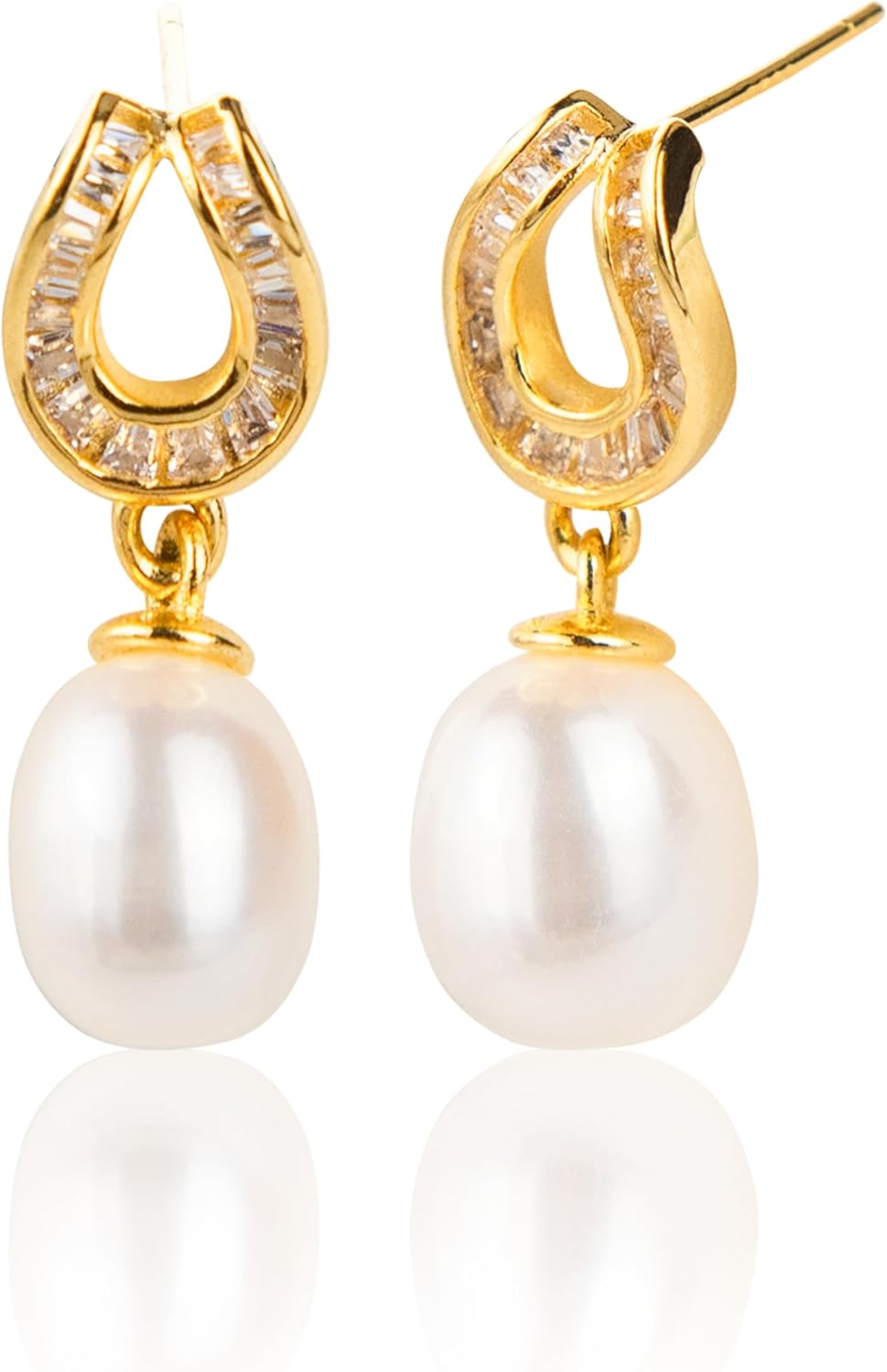 Pearl Drops Dangle Earrings for Women – Hypoallergenic Sterling Silver Studs with Cubic Zirconia Accents, Elegant Real Cultured Freshwater Pearls Perfect for Daily Wear and Christmas Gifts