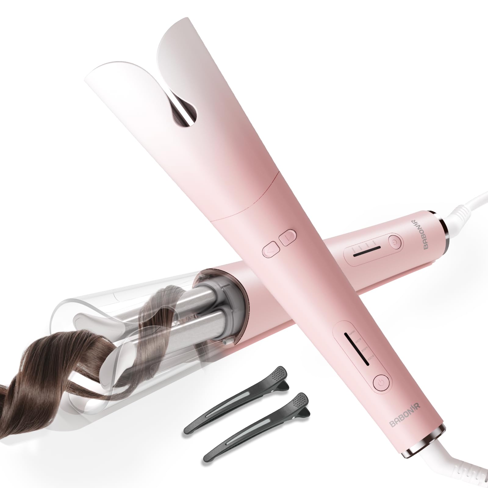 Automatic Curling Iron with 500 Million Ionic, BABONIR 1.25'' Ceramic Rotating Curling Wand with 3 Heat & 2-Way Rotation, Anti-Scald Lightweight Hair Curler, Dual Voltage for Travel, Pink