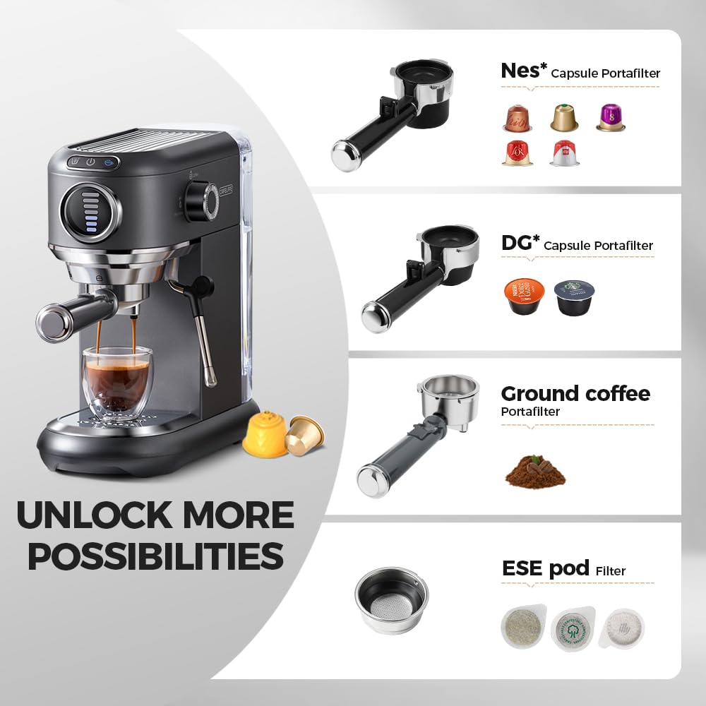 Máquina de café espresso 4 en 1 con espumador de leche, máquina de café de 19 bares con volumen de café visual de 7 niveles ajustable para cápsulas y polvo Nes* y DG*, 1450 W, gris