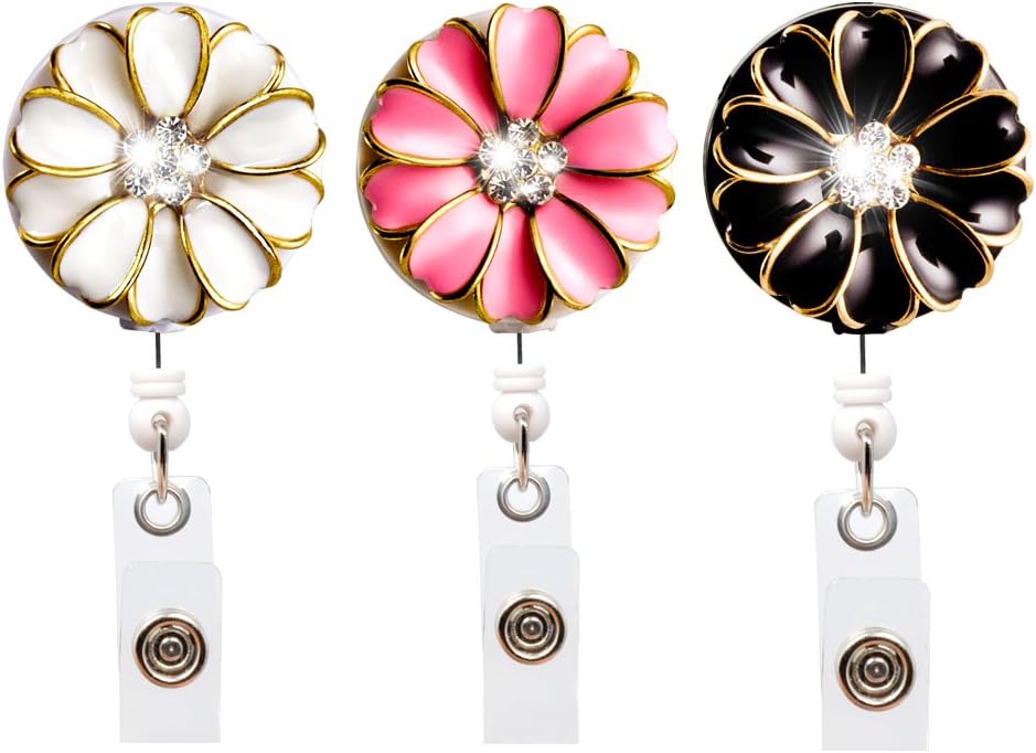 Qinsuee Bling Rhinestones Retractable Badge Holder, ID/Name Badge Reel Alligator Clip with Camellia, Easy to wear, 3 Pack (Multiple)
