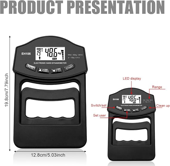 Digital Hand Strength Gauge, 396 lb/180 kg Grip Strength Gauge, Sensitive Grip Strength Tester, Electronic Grip Strength Gauge, Large LED Screen with USB Charging Cable (Black)