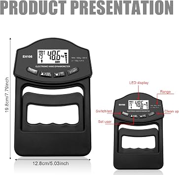Digital Hand Strength Gauge, 396 lb/180 kg Grip Strength Gauge, Sensitive Grip Strength Tester, Electronic Grip Strength Gauge, Large LED Screen with USB Charging Cable (Black)