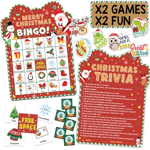 BrightenKidz Christmas Bingo Game for Large Groups 30 Player Christmas Games for Adults Family Party & Classroom Fun Xmas Party Activities Holiday Entertainment Games