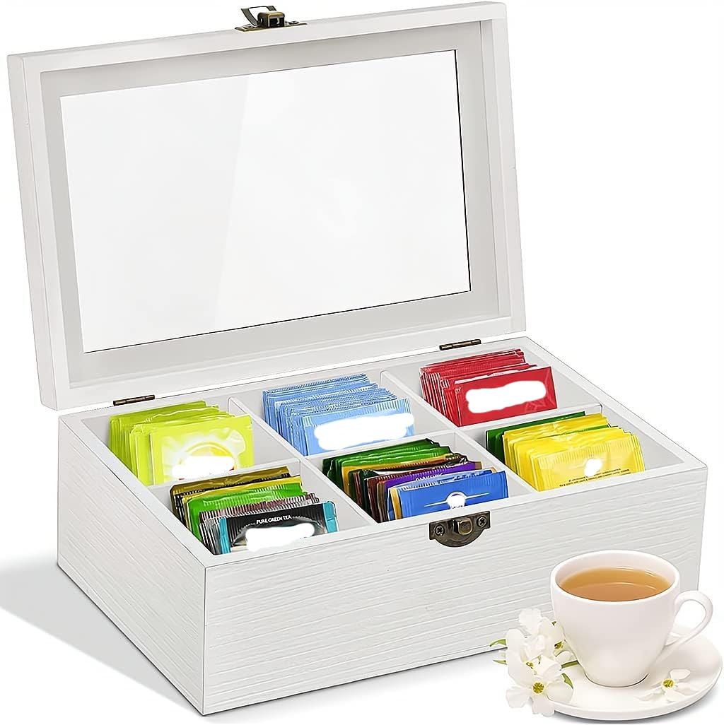 Tea Bag Organizer Storage Box Tea Storage Chest Case Tea Bag Sorter Jewelry Organizer Storage Box with Transparent Hinged Lid for Any Home Restaurant Office, 6 Compartments, Style A
