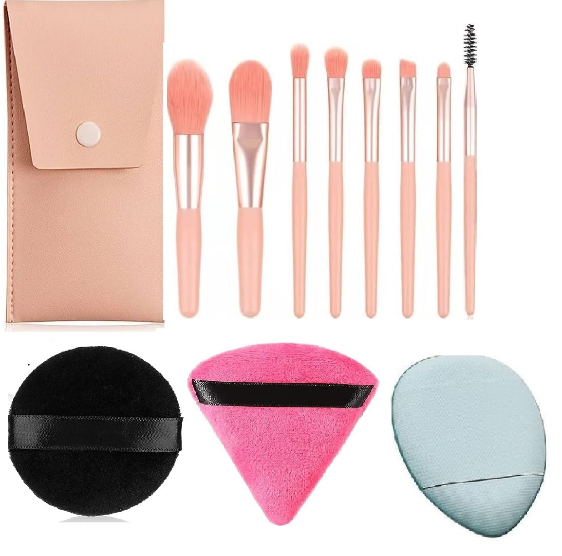 Facejewel 8 Pcs Professional Makeup Brush Set With Pouch 1Pcs(Lite Pink) Round cotton powder puff makeup 1Pcs Makeup Soft Triangle Powder Puff Finger Puff 1pcs Finger Makeup blender Sponge