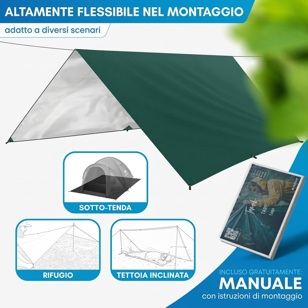 NORDMUT® Tarp 3x3/4m Impermeabile – Protezione Ottimale da Pioggia e Sole – Telo Robusto con Occhielli, Compatto – Ultralight per Campeggio & Escursionismo (Verde / 300 x 300 cm)