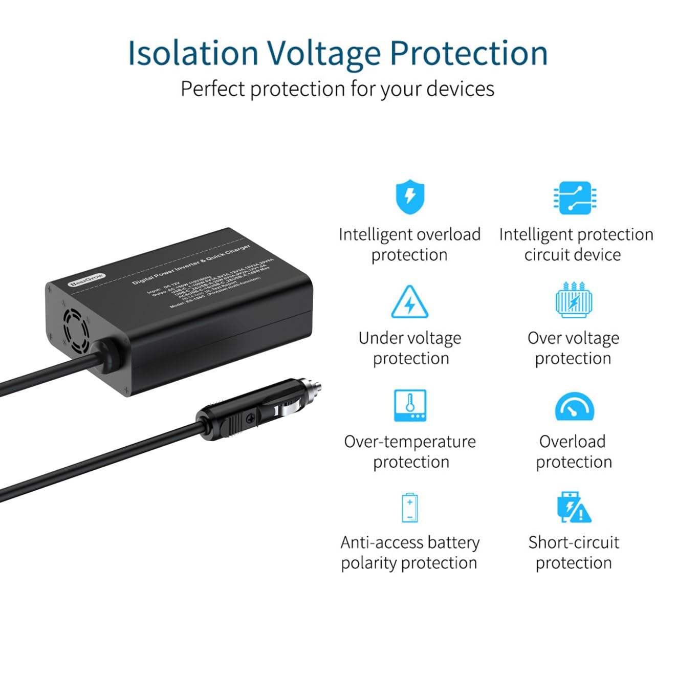 Inversor de corriente de coche de 150 W con 4 puertos para múltiples dispositivos de carga rápida, 140 W USB C, adaptador de enchufe de salida de coche de 12 V a 110 V CA, potente convertidor