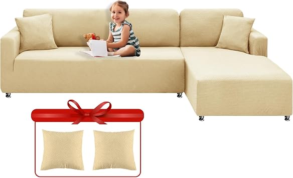 XINEAGE Sectional Couch Covers High Stretch 2 Pieces L Shape Sofa Cover with 2pcs Pillowcases Corner Couch slipcovers Chaise Cover with Elastic Bottom 3 Seats + 3 Seats, Beige