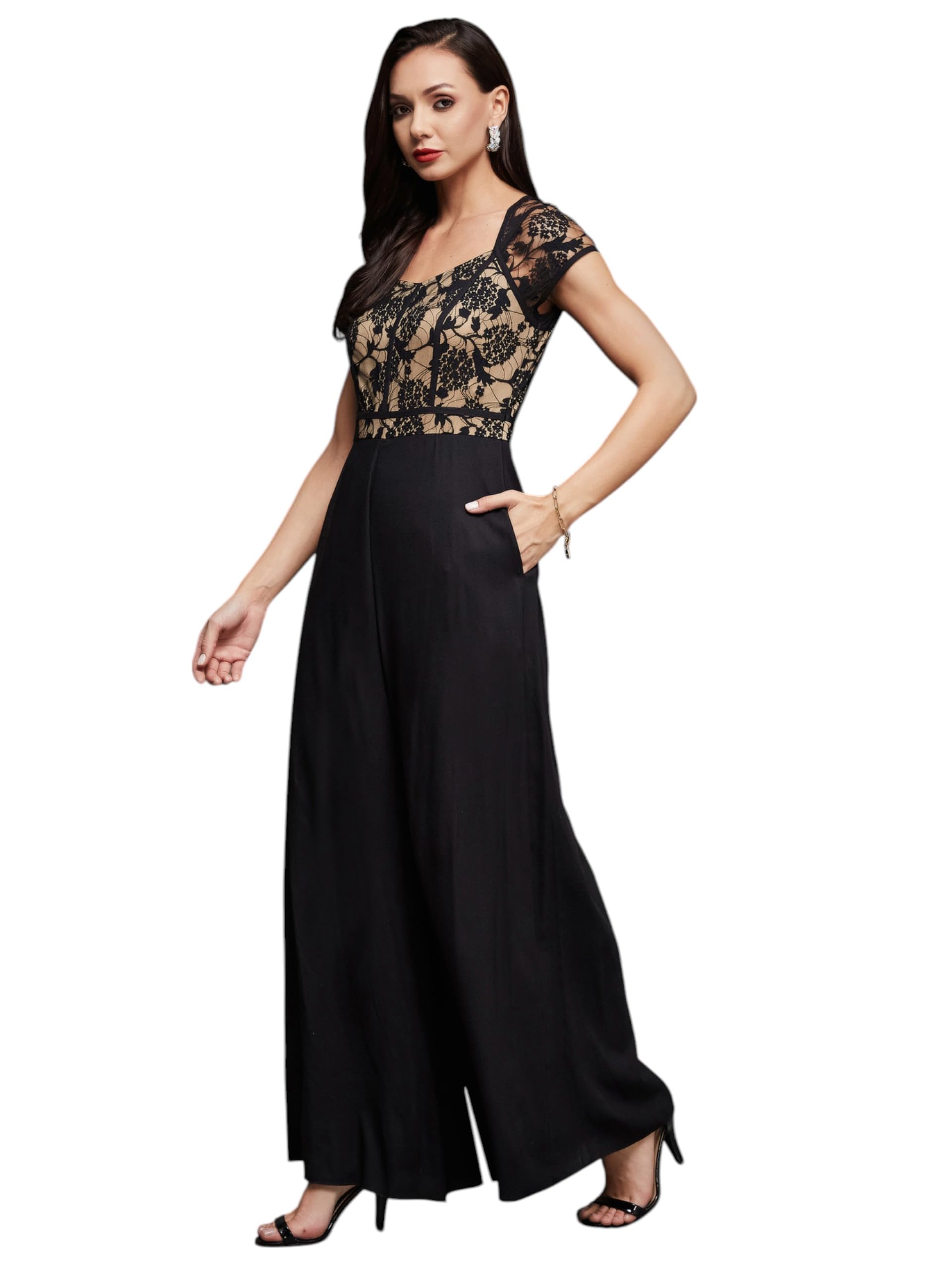 miss chase Women's Multicolored V-Neck Bishop Sleeve Bohemian Patterned Straight Leg Wrap Regular Silk Jumpsuit-picture-20