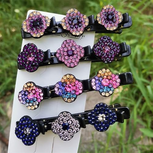 4Pcs Sparkling Crystal Stone Braided Hair Clips, Hair Accessories For Women, Triple Duckbill Rhinestones Clip With 3 Small Clips, With 2 Pcs Satin Scrunchy Hair Ties For Fine Or Thick Hair Styling #TOP6