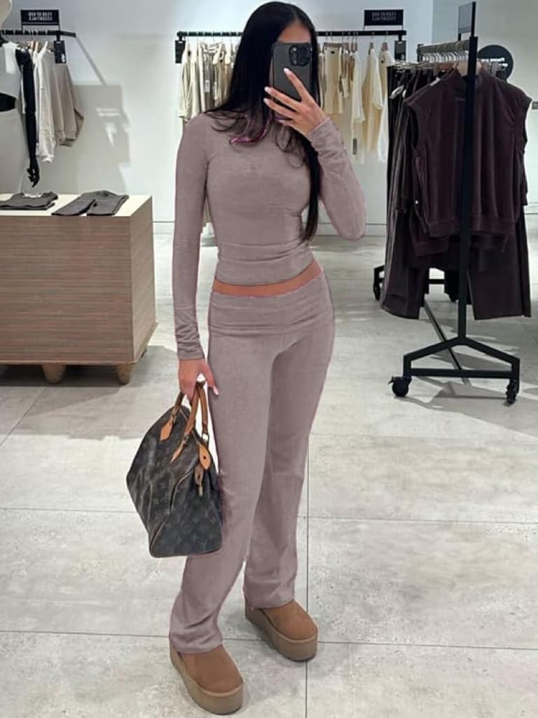 AYWA Women's 2 Piece Outfits Foldover Flare Pants Long Sleeve Crew Neck T-shirt Fitted Pajama Sets - Image 3