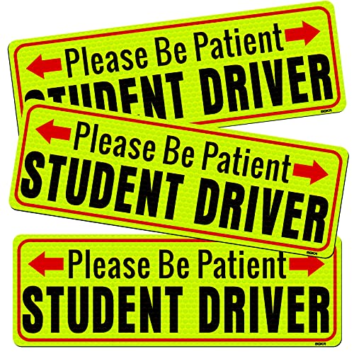 BOKA Student Driver Magnet, Please Be Patient New Driver Signs for Car, High Reflective Rookie Novice Magnetic Safety Sign, Teen Driver Warning Vehicle Bumper Sticker, 10×3.5in, 3 Pcs Gifts