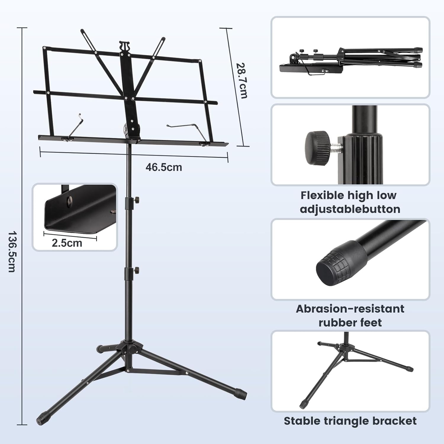 New Bee Foldable Music Stand Stable Dual Use Music Stand Guitar Height Adjustable Music Stand with Carry Bag Music Stand for Children and Adults - Image 3