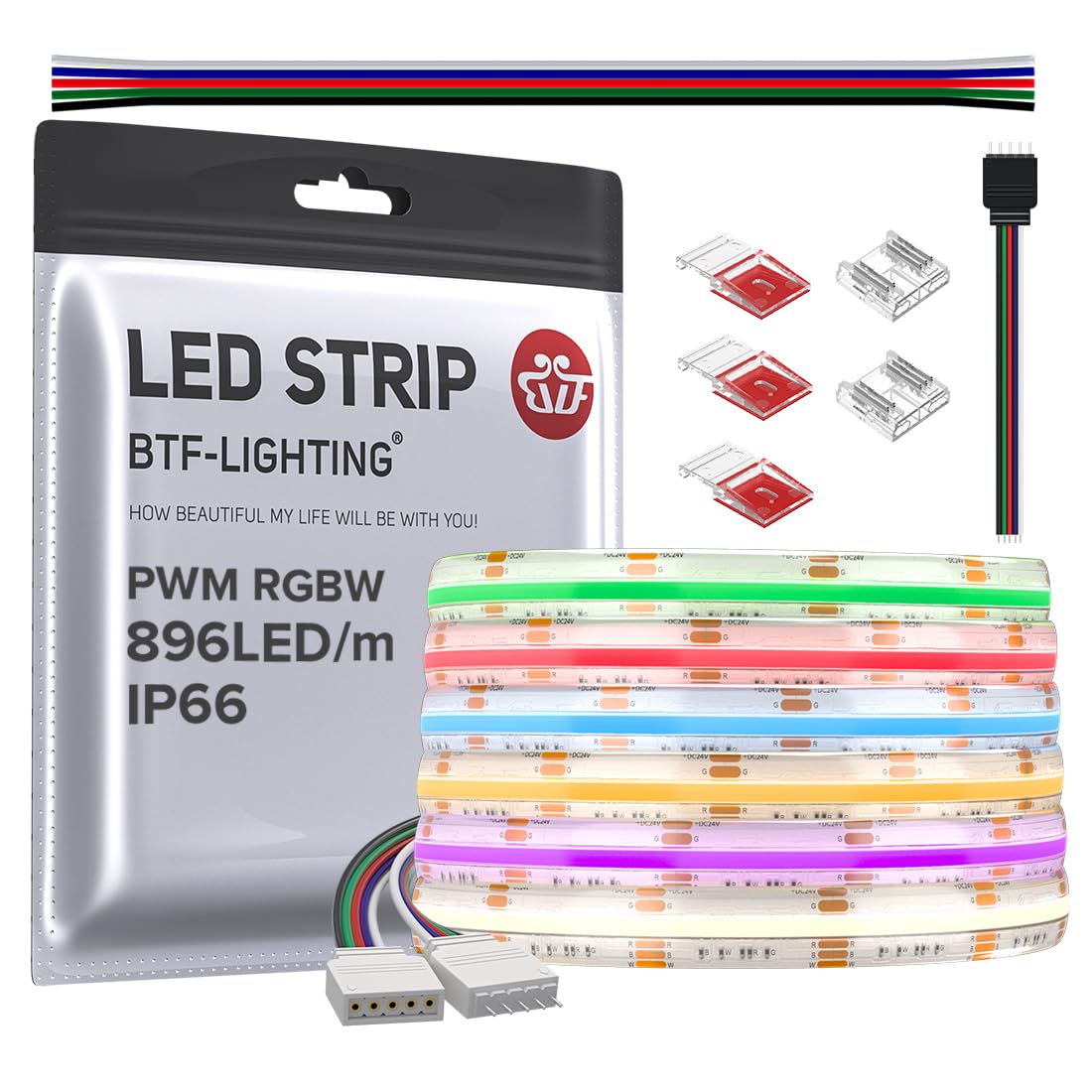BTF-LIGHTING FCOB COB RGBW RGB+Natural White(4000K) Flexible High Density Multicolour LED Strip 5M 896LED/M 4480LEDs DC24V IP66 for DIY Home Decoration (Power Supply&Controller NOT Included)