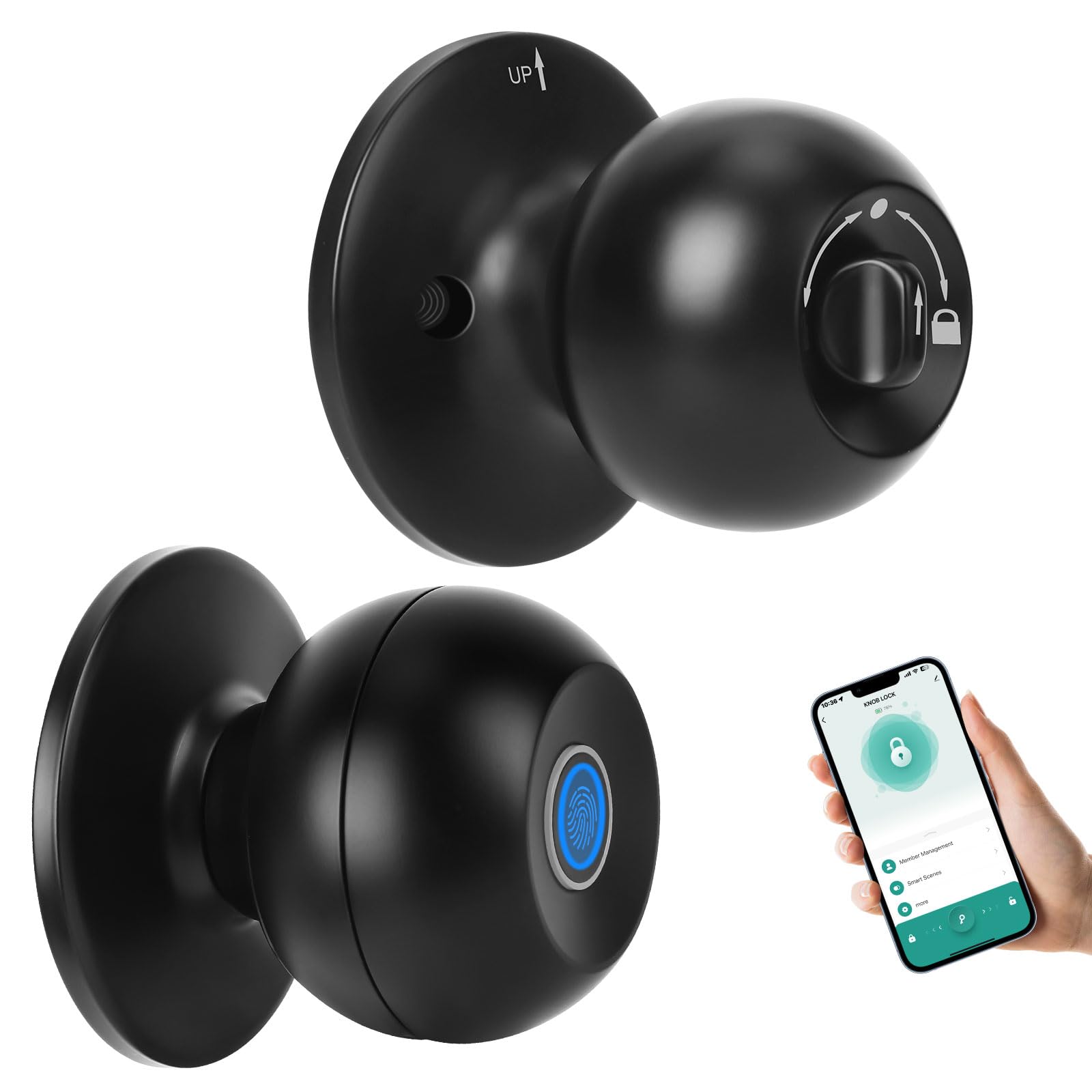 LeeRong Smart Biometric Fingerprint Safety Lock, Interior Door Knobs Bluetooth,Self Locking Door Knob Black,App Control, Automatic,Rechargable,Thumbprint Door Handle for Bedrooms,Hotel,Office,Garage