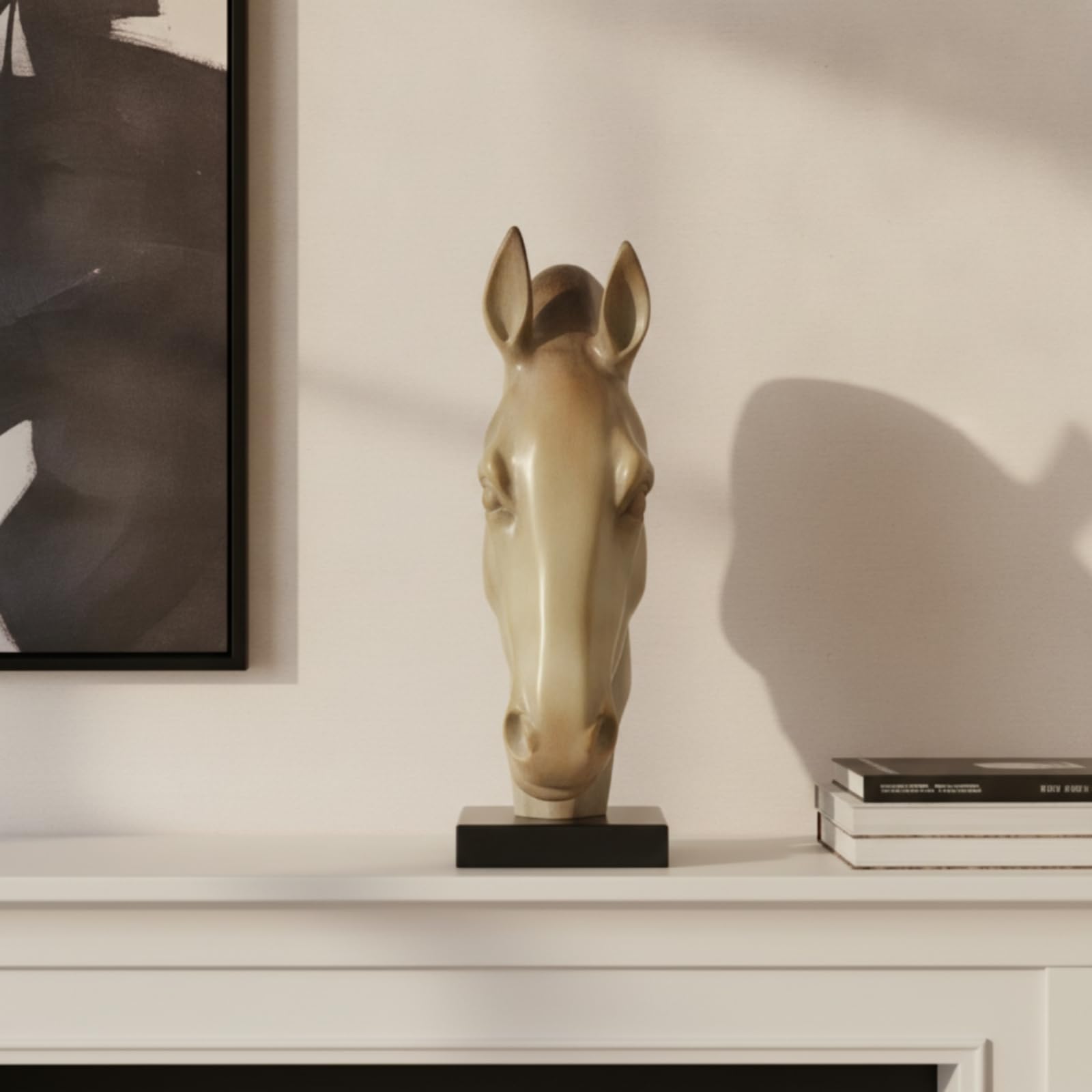 Escultura de Caballo Figura Busto Adorno Estatua con Acabado Jade Sintético en Resina y Base Negra Robusta Adecuada para Consola de Entrada Mueble de, Blanco, Cabeza De Caballo