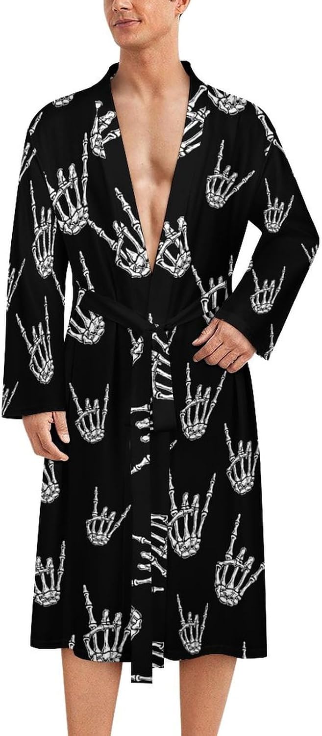 Rock N Roll Skull Hand Mens Summer Robes Lightweight Bathrobe Bath Robe Knee Length Shawl Collar Loungewear