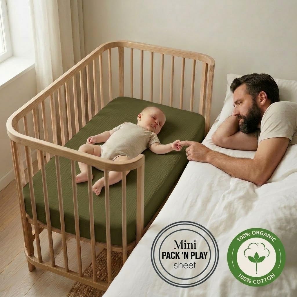 Mini-Bettlaken für Kinderbett, Bio-Baumwoll-Musselin, 61 x 96,5 cm, für Kinderbett zum Packen und Spielen, ultraweich und atmungsaktiv, für Jungen und Mädchen, 2 Stück, Blush/Salbeigrün