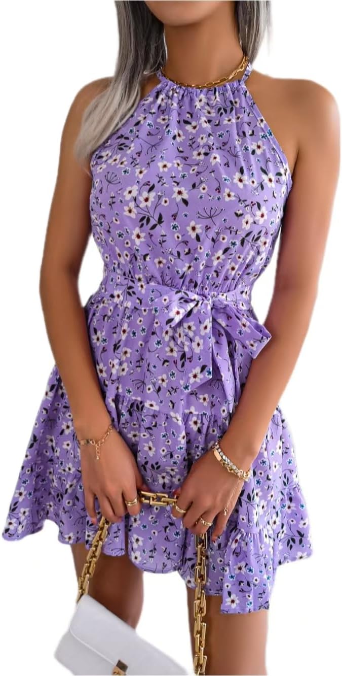 Women’s Floral Summer Mini Dresses Ruffle Sleeveless Lace Up Halter Sun Dresses Short Sundresses