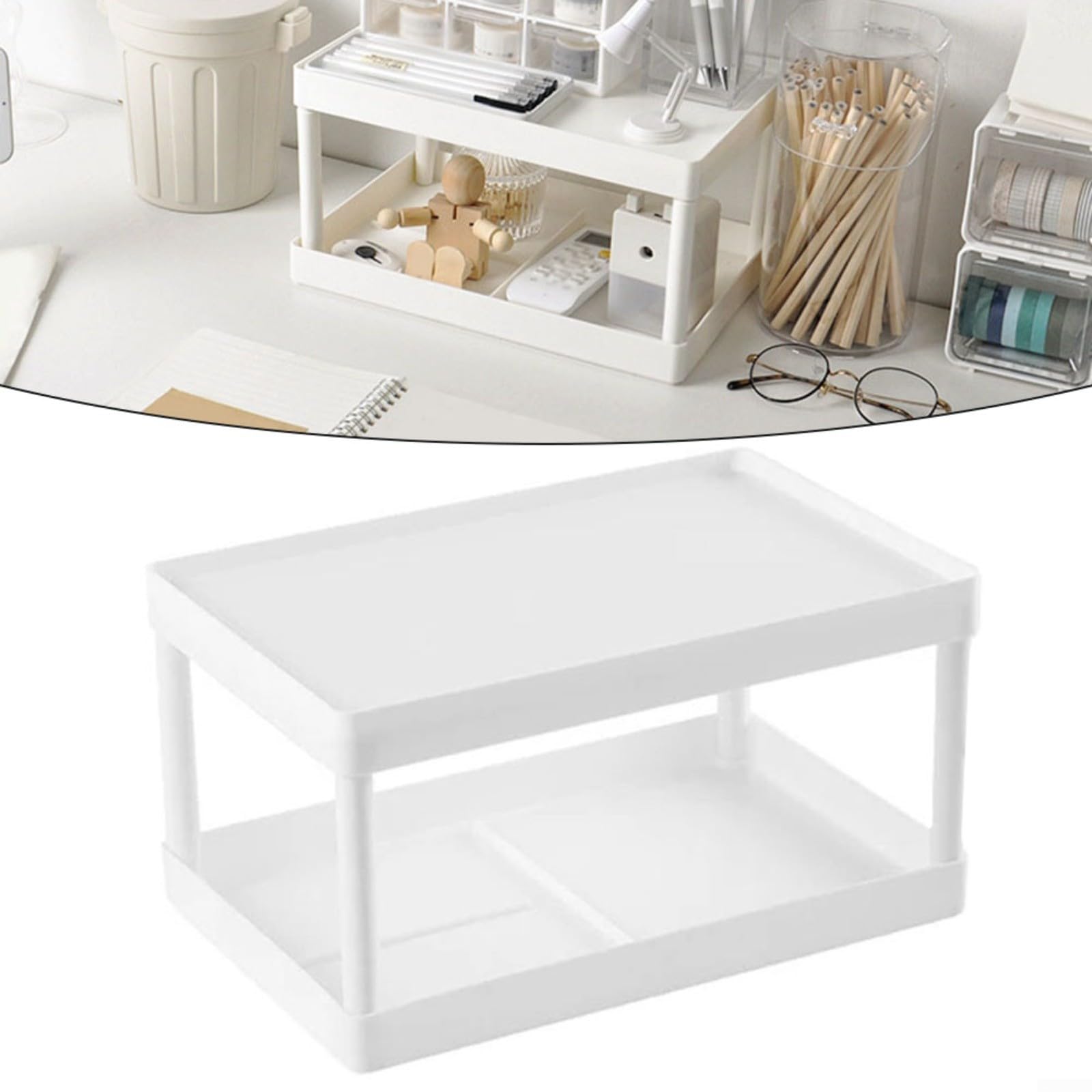 Doppelschichtiges Schreibtisch-Aufbewahrungsregal, abnehmbares Kunststoff-Organizer-Regal für Kosmetik, Schreibwaren, Büro, Wohnheim, Schlafzimmer, weiß, 28 x 185 x 15 cm