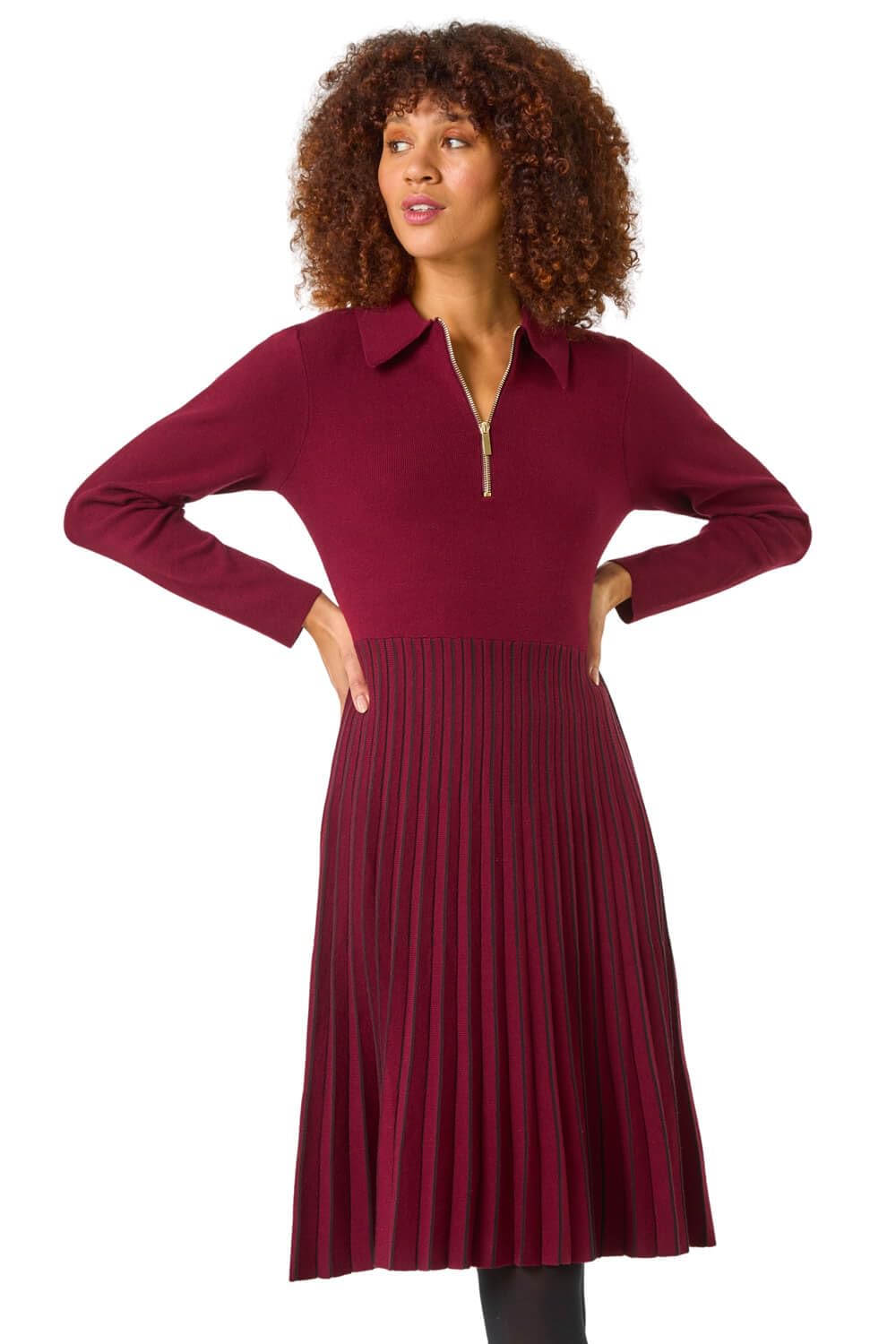Roman Originals Women's Wine Zip Detail Knitted Dress For Uk - Everyday Autumn Winter Round Neckline Comfy Soft Evening Vacation Work Party Night Out - Size 20