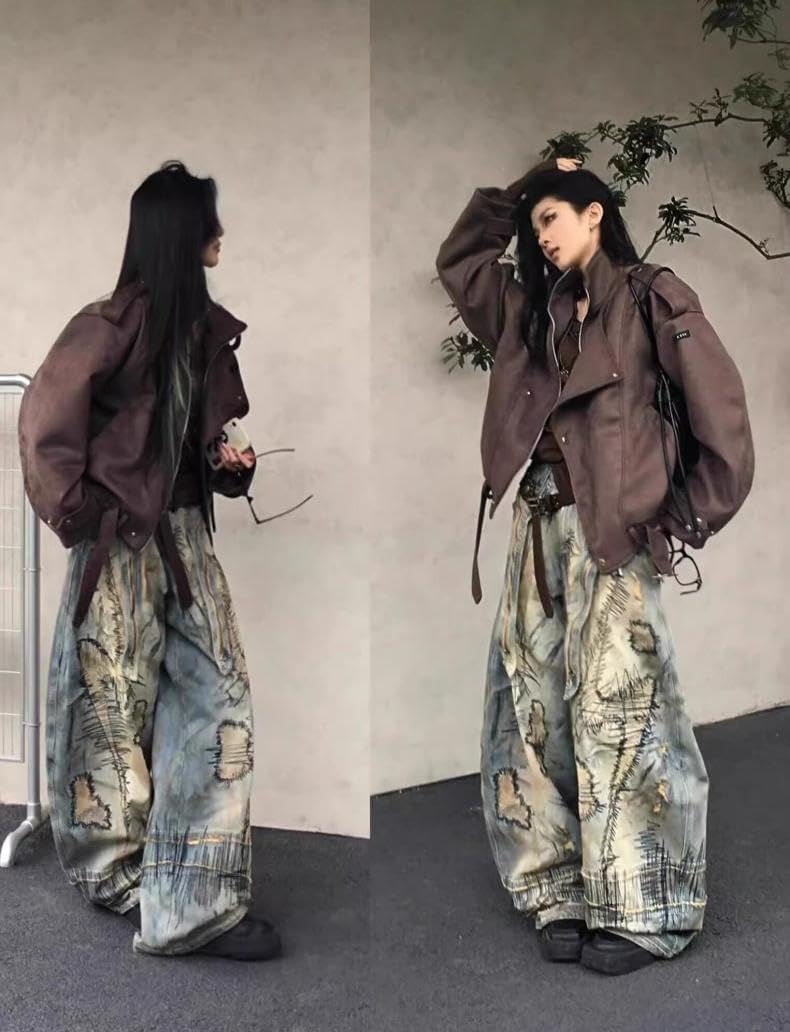 Womens Y2k Street Embroidered Denim Pants Oversized Retro Loose Casual Wide Leg Jeans