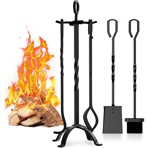 COMFYHOME Fireplace Tools 5 Pcs, 32-Inch Wrought Iron Fireplace Tools Set with Ergonomic Handle, Fire Poker, Tong, Shovel, Brush, Stand for Outdoor Indoor Fire Pit, Modern Fireplace Kit, Black