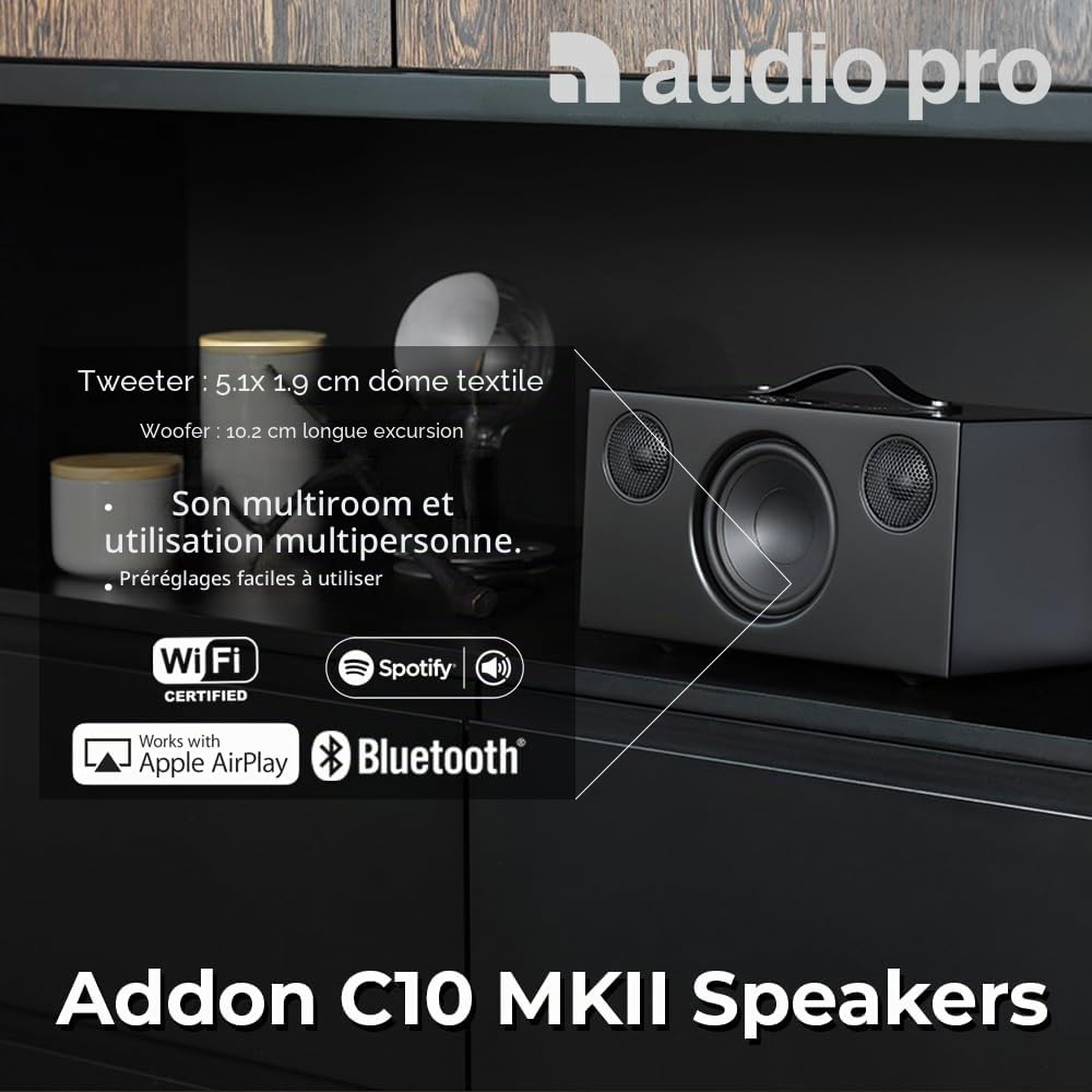 Audio Pro C10 MkII - Enceinte Portable Multiroom avec Bluetooth - Smart Speaker sans Fil avec Contrôle par Application & Spotify, AirPlay & Chromecast - Noir