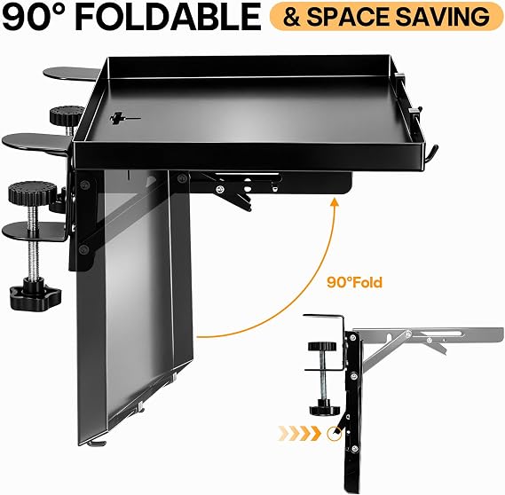 Foldable Bed Shelf for Bunk, 10kg Heavy Duty Metal Clip on Nightstand | Space Saving Side Tray for University Dorm Room Essentials, Loft Organizer with Hooks, Black