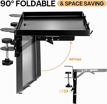 Foldable Bed Shelf for Bunk, 10kg Heavy Duty Metal Clip on Nightstand | Space Saving Side Tray for University Dorm Room Essentials, Loft Organizer with Hooks, Black