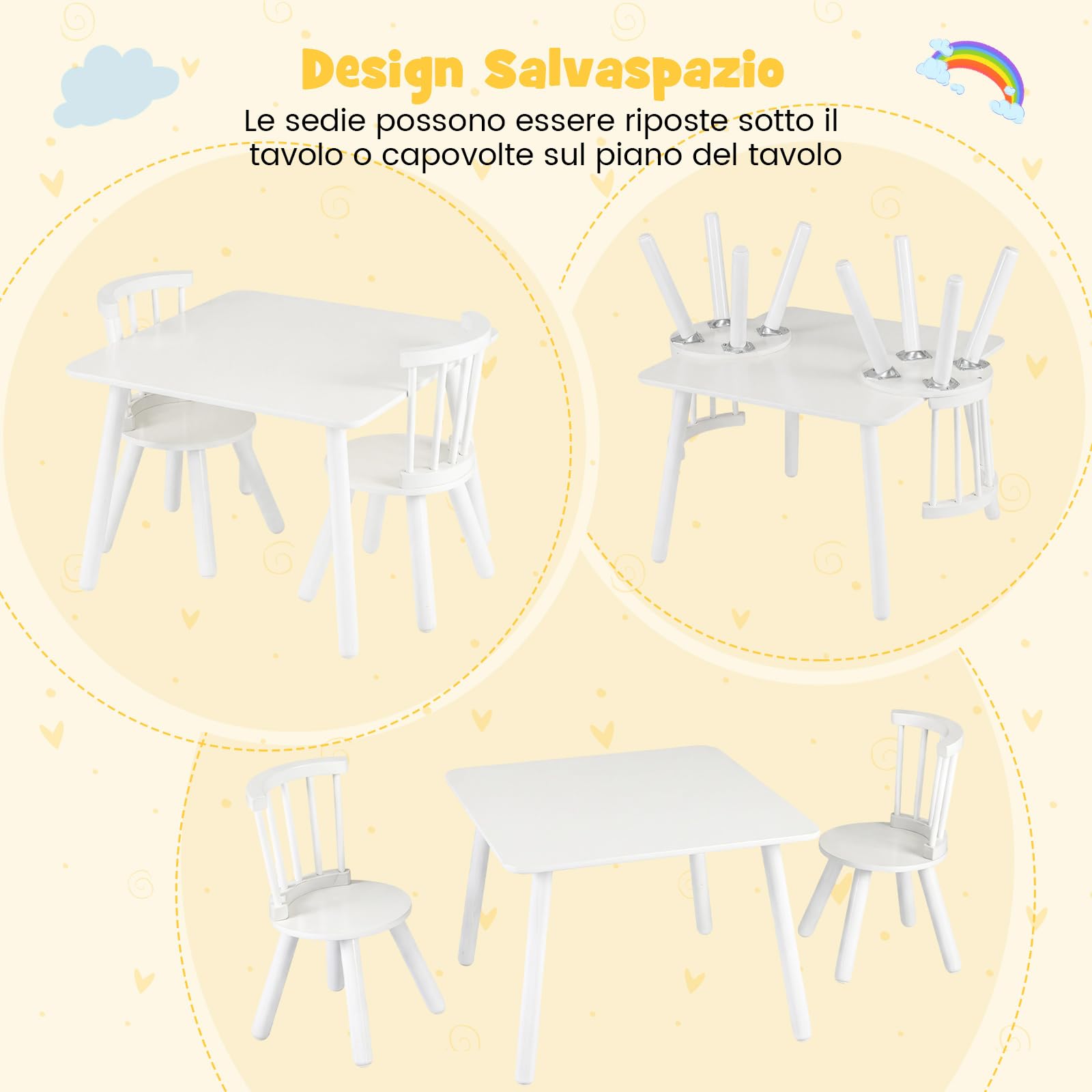 COSTWAY Set Tavolo e 2 Sedie per Bambini, Tavolo Attività con Schienali a Spindola Curvi, Sedute Rotonde e Gambe in Legno Massello, Tavolino per Bambini 3+ Anni per Disegno, Gioco e Studio (Bianco)