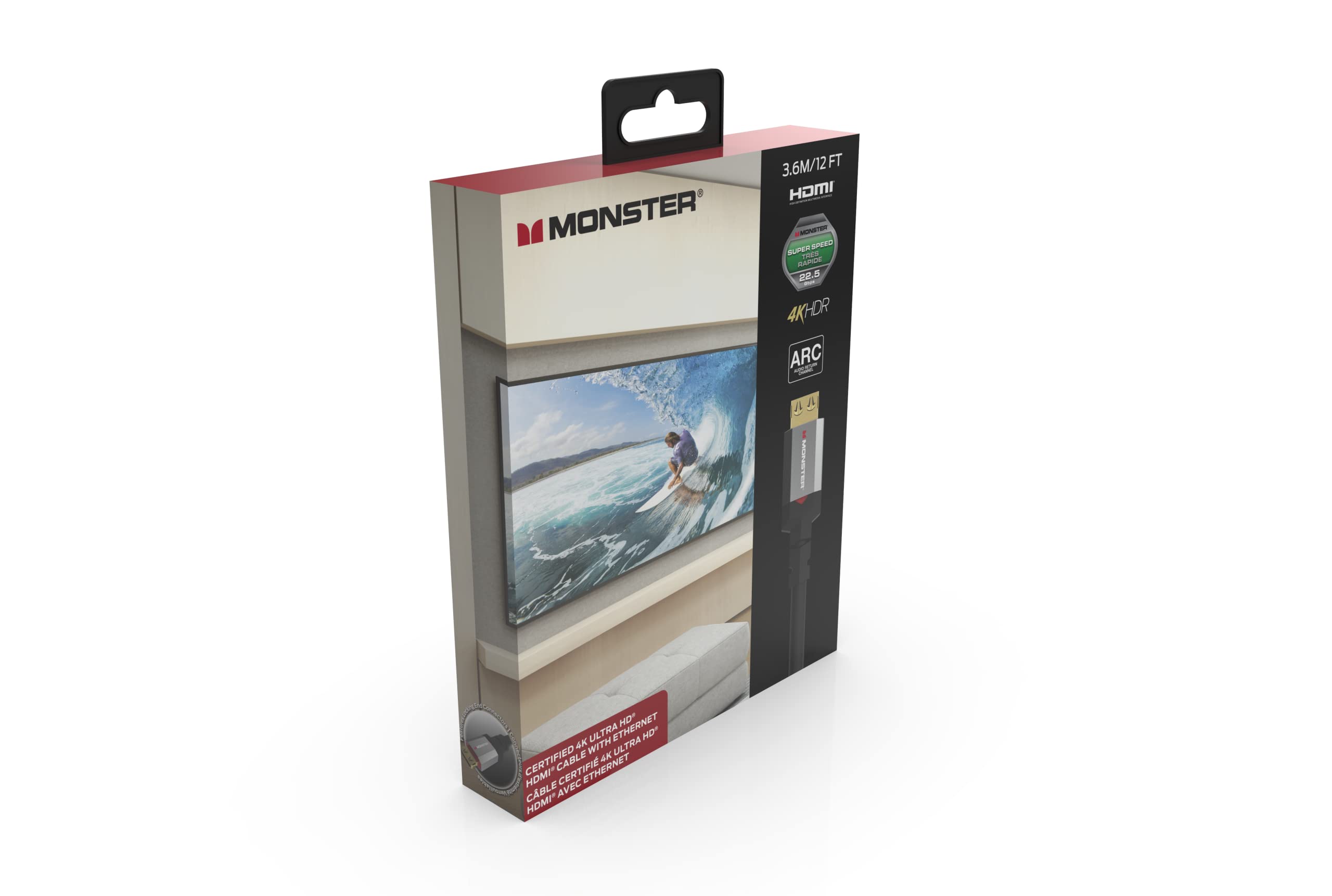 MONSTER - Câble HDMI - Résolution 4K - Vidéo HDR - Audio Return Channel - 22,5 GBPS - Vitesse Éclair - Triple Blindage - Homologué UL et CL3-3,6 Mètres - Noir
