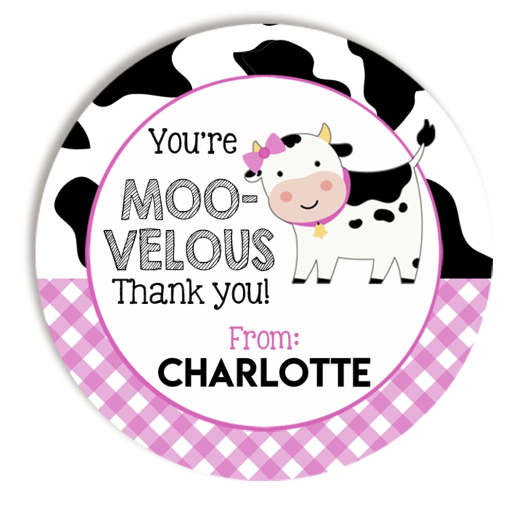 Personalized Pink Cow Gingham Sticker – 40 2 Inch Birthday Farm Animal Stickers - Labels for Envelopes & Party Favors & Treat Bags. Custom Thank You