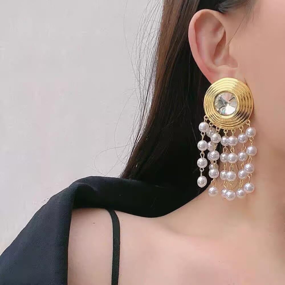 Gold Long Pearl Earrings for Women Sparkle Rhinestone Drop Tassel Dangle Earrings Hypoallergenic Elegant Wedding Pearl Tassel Earrings for Bridal - Image 3