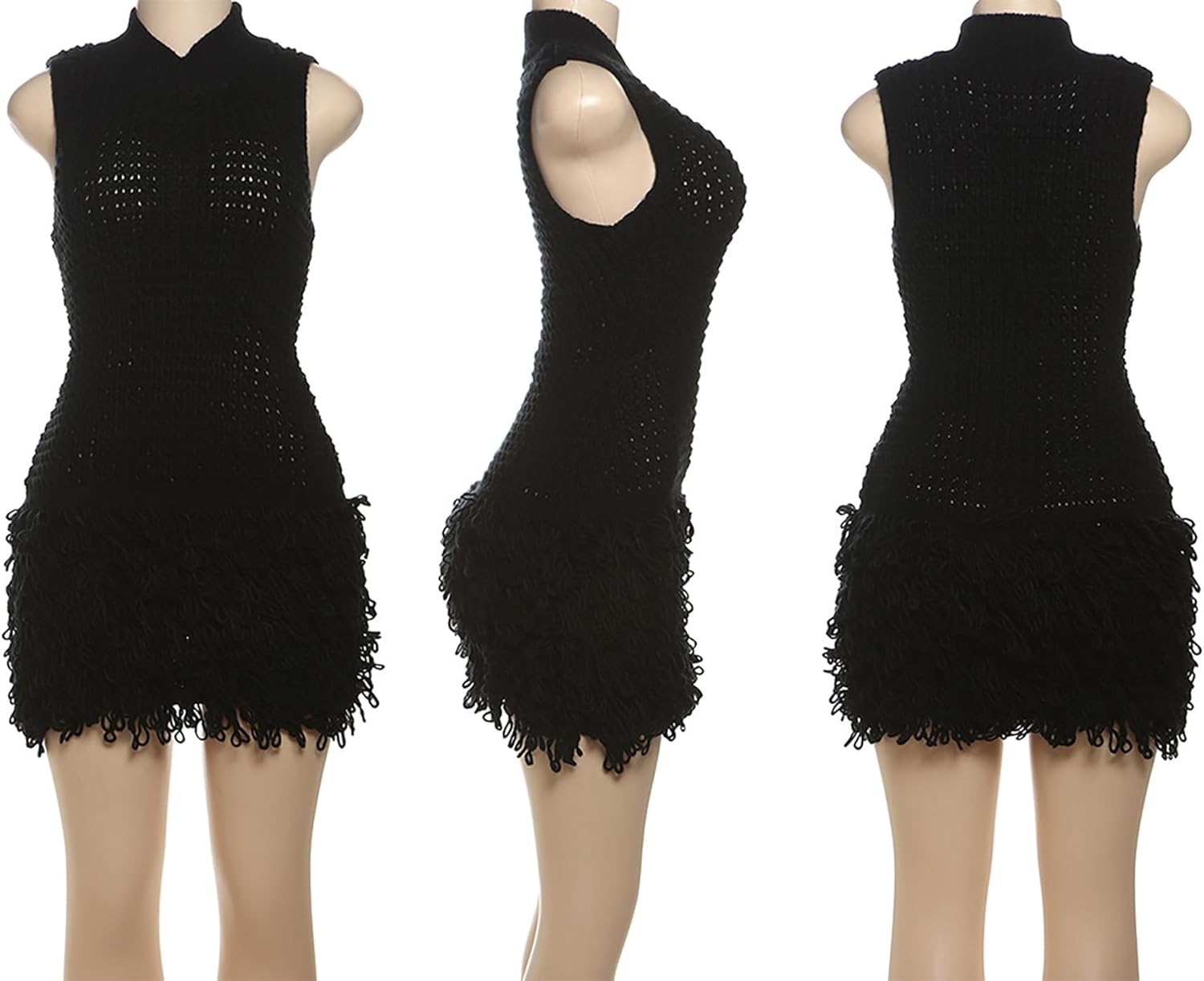 Tcremisa Women's Crochet Fringe Mini Dress Slim Fit Sleeveless Hollow Out Bodycon Short Knit Pullover Dresses - Image 6