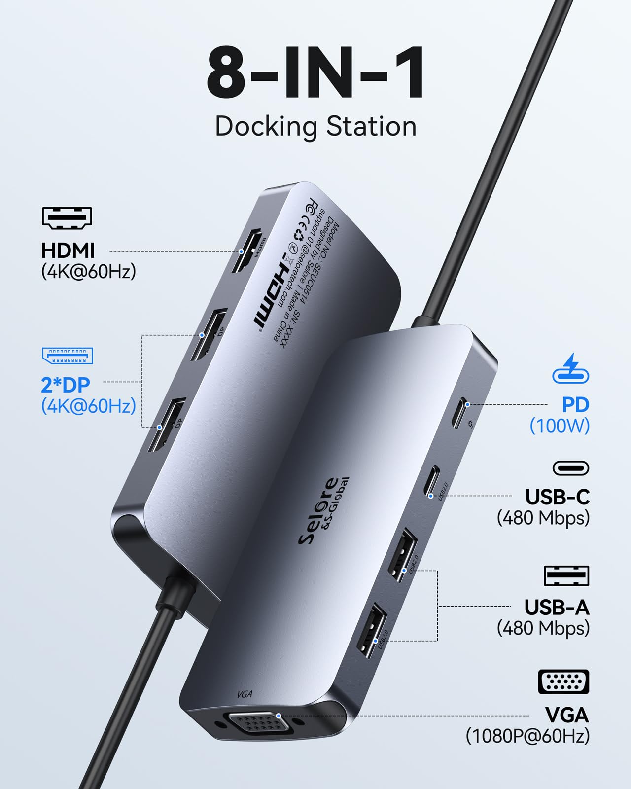 Stacja dokująca USB C z dwoma portami Displayports 8 w 1, adapter wieloportowy z 4K HDMI, 2 * 4K DP, 1080P VGA, 2*USB2.0, USB C Data, 100W PD 3.0, stacja wielomonitorowa do laptopów Dell HP Lenovo