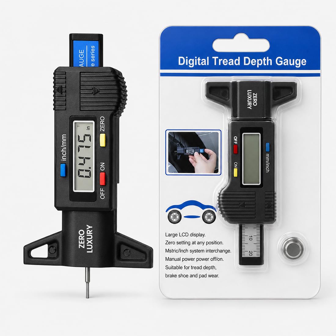 digital tire tread depth gauge with large lcd display, 0.01mm accuracy, inch/mm conversion, zero setting function, tire wear depth checker for car, bike, motorcycle, suv, truck & bus