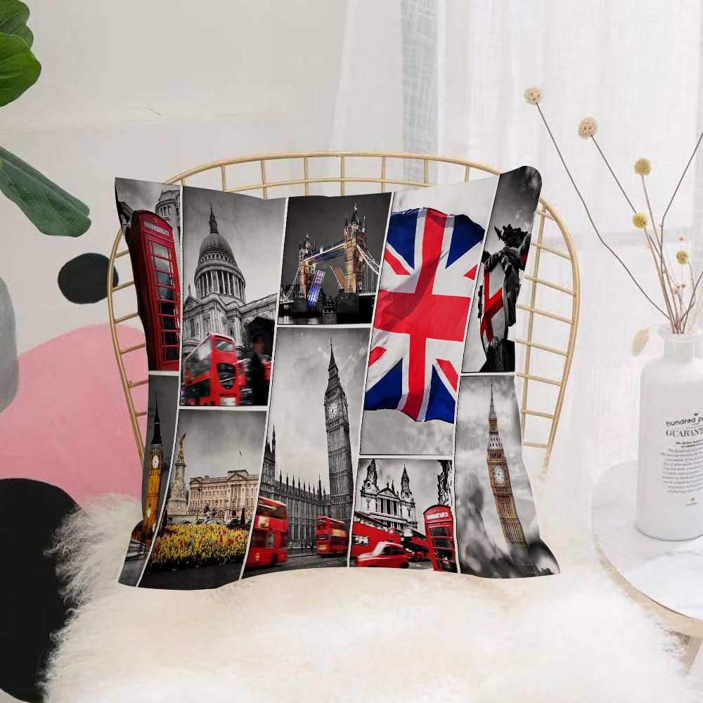 HYOSXW Cushion Cover,Throw Pillow Case Home Decorative for Living Room Bedroom Sofa Chair 16X16 Inch,City，Collection of London landmarks, historical buildings and iconic banners, s,Pillowcase 40X40cm