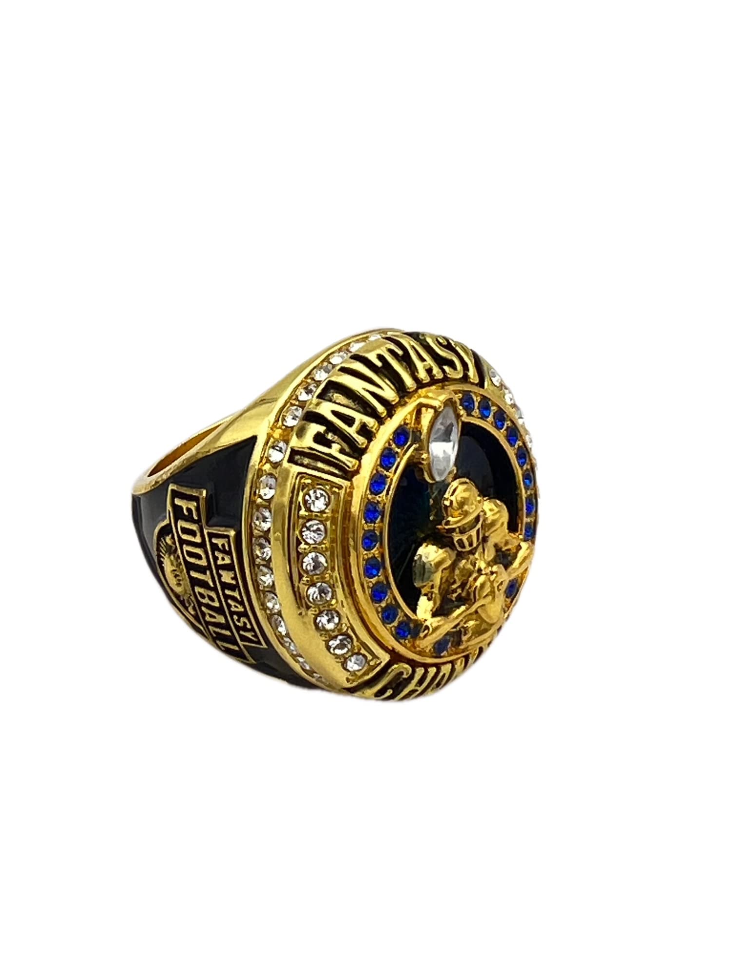 Discount Sports Rings, FANTASY FOOTBALL CHAMPION RING — GOLD BODY, BLUE STONES, Player Award 9-18