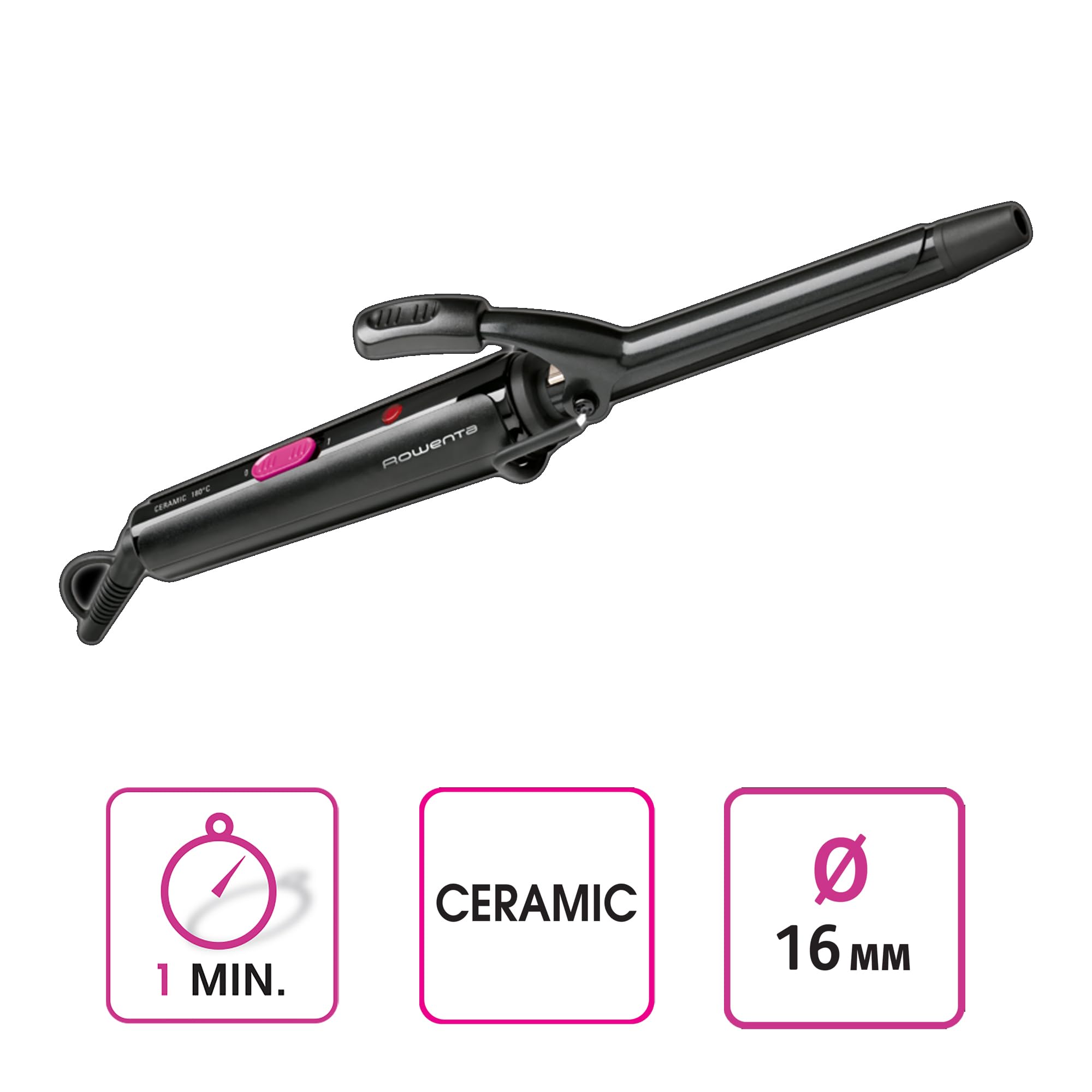 Rowenta Tenacilla rizadora de 16 mm para el pelo, 25 W, recubrimiento cerámico, temperatura 180 °C, indicador calentamiento, punta fría, rizos definidos, resultados rápidos, negro y fucsia, CF2133F0
