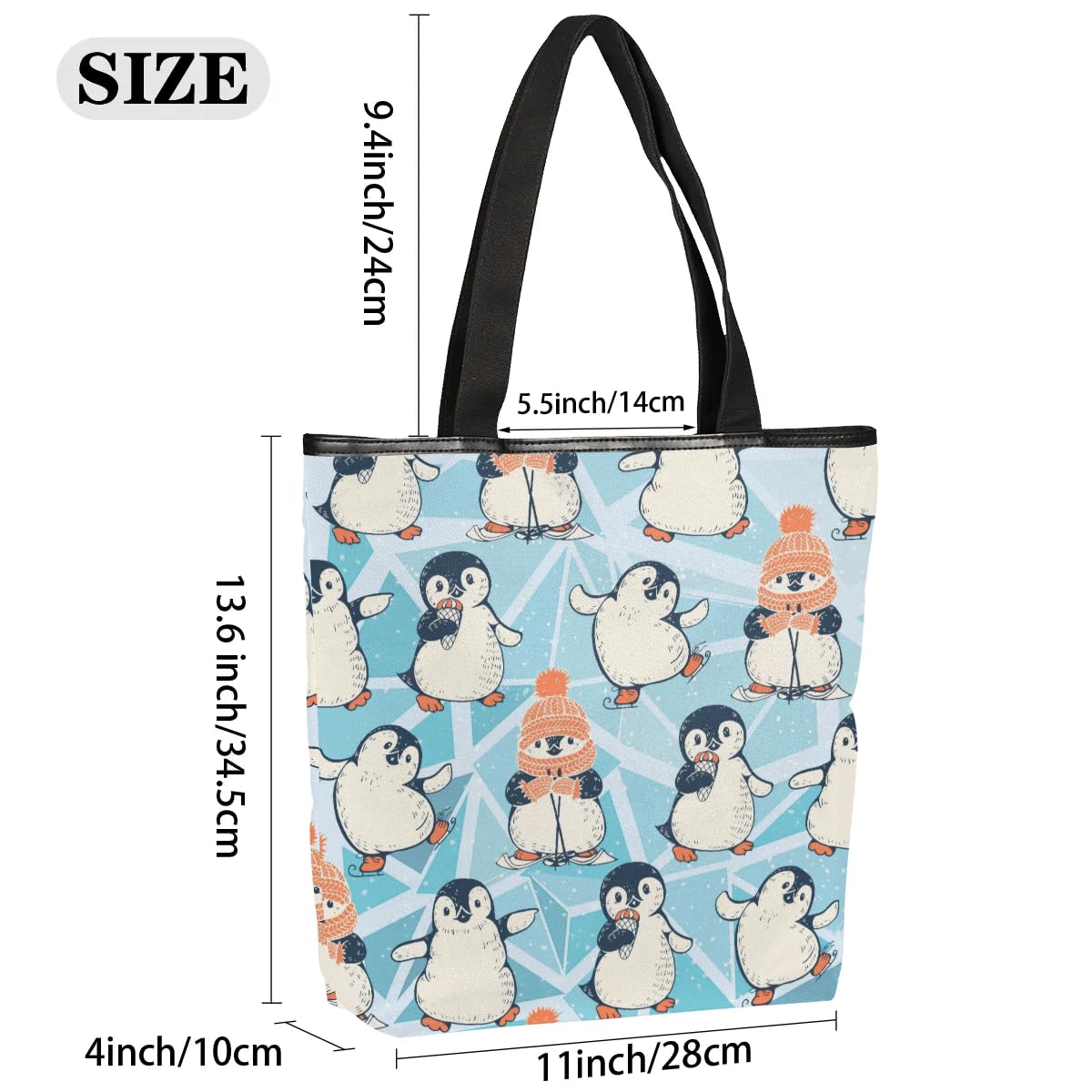 Mularoka Penguin Skating Canvas Tote Bag with Zipper and Pockets Canvas Tote Shopping Bag Women Reusable Grocery Bag for Beach Travel Gym Shopping