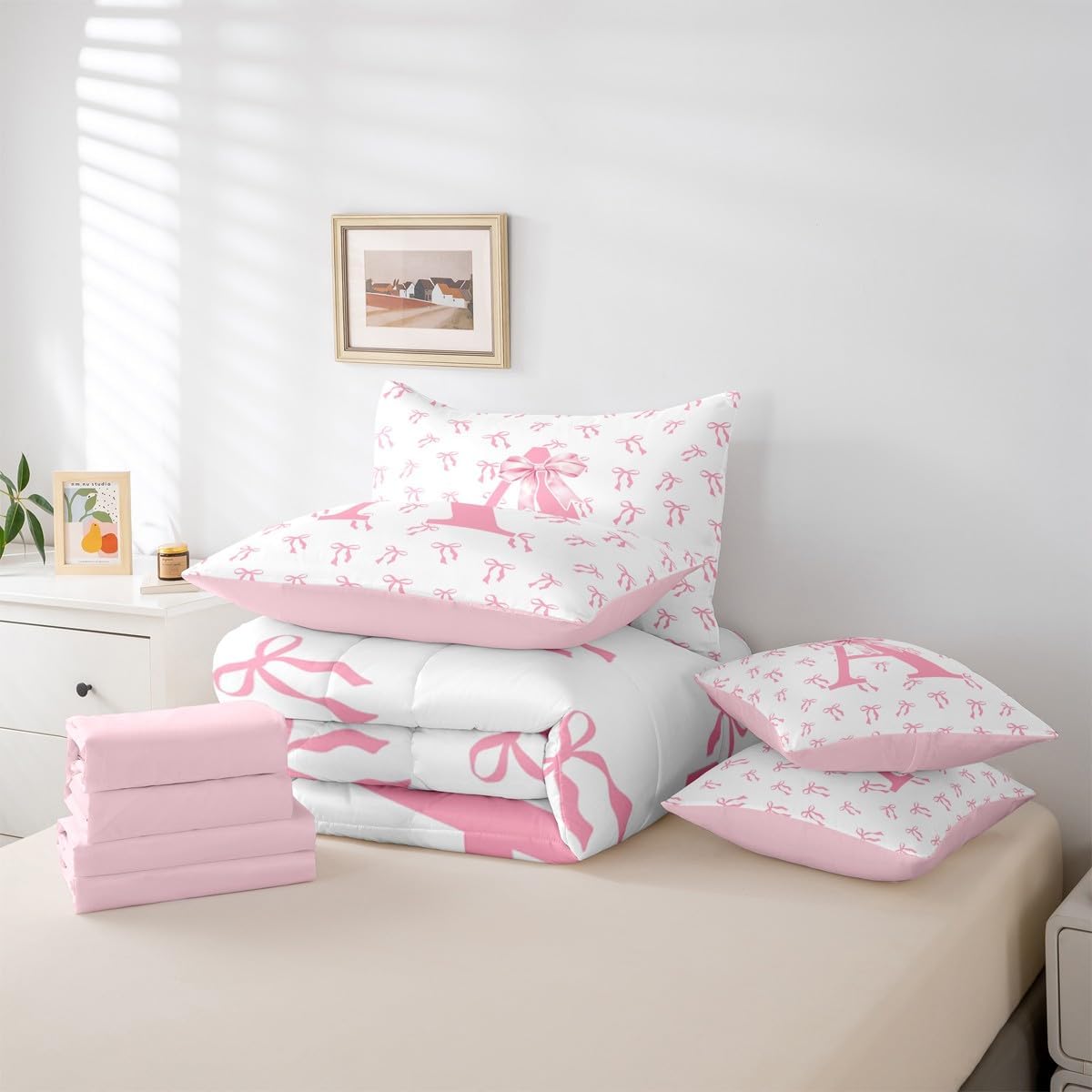 Erosebridal 7Pcs Initial Letter A Comforter Set Full Cute Monogrammed Bowknot Bedding Set for Kids Women Lady Pink Bow Princess Bed in a Bag Modern Simple Pink White Bow Knot Sheet Set with Comforter - Image 7