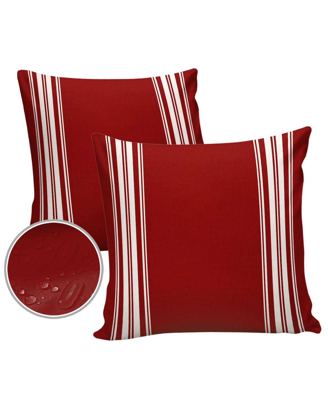 Vandarllin Outdoor Throw Pillows Covers 18X18 Set of 2 Waterproof Burgundy Red Stripe Decorative Zippered Lumbar Cushion Covers for Patio Furniture, French Stripe Farmhouse Style